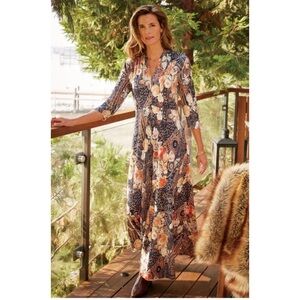 Soft Surroundings Adamaris Floral V-Neck 3/4 Sleeve Maxi Dress Boho Sz LP